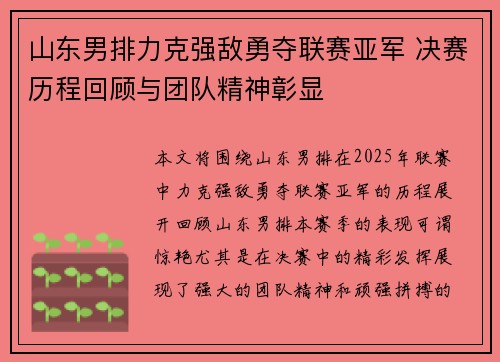 山东男排力克强敌勇夺联赛亚军 决赛历程回顾与团队精神彰显