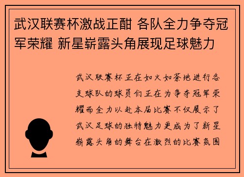 武汉联赛杯激战正酣 各队全力争夺冠军荣耀 新星崭露头角展现足球魅力