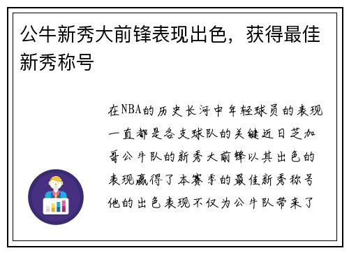 公牛新秀大前锋表现出色，获得最佳新秀称号